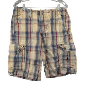 American Eagle Classic Length Cargo Shorts 30 Tan Blue Plaid Pockets